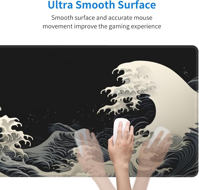 Stylish Japanese Ukiyo-e Style White and Black Ocean Wave Art Print Themed Mouse Pad 31.5 x 12 Inch, Anti-Slip Rubber Base, Ideal for Computer, Laptop, Office & Home Use