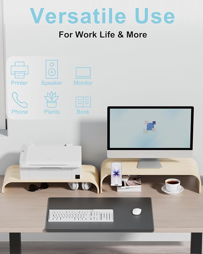 Solid Wood Dual Monitor Stand Riser 2 Tier, 24.1 Inch Desktop Organizer with Phone Holder, Ergonomic Computer Stand, Multifunctional Desk Shelf for Laptop, PC, Printer, Supports Up to 110lbs