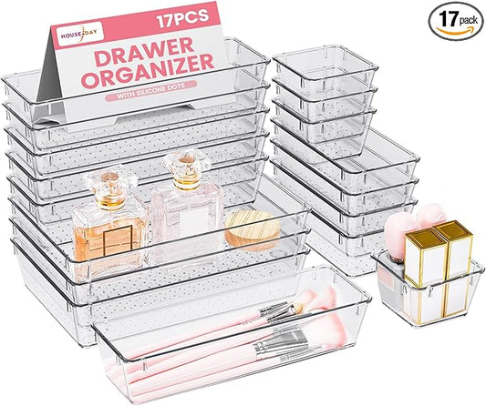 HOUSE DAY Makeup Drawer Organizer Trays 17 PCS, 4-Size Clear Drawer Organizers with Silicone Pads, Vanity Organizers and Storage, Non Slip Plastic Drawer Organizer for Desk, Bathroom, Kitchen, Office