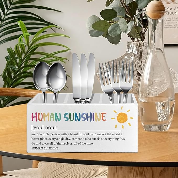 Sunshine Gifts, Human Sunshine Inspirational Pen Pencil Holder Organizer for Desk Accessories, Motivational Appreciation Gifts for Teacher Coworkers Wooden Box Sign Desk Decor