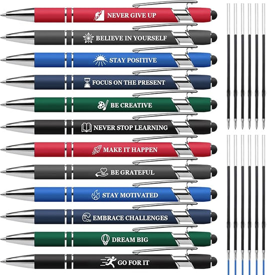 Inspiring Pen Set - 12 Inspirational Quote Ballpoint Pens with 12 Refills, Blue Ink - Motivational Gifts for Office & School | Encouragement Gifts for Men & Women, Multicolor