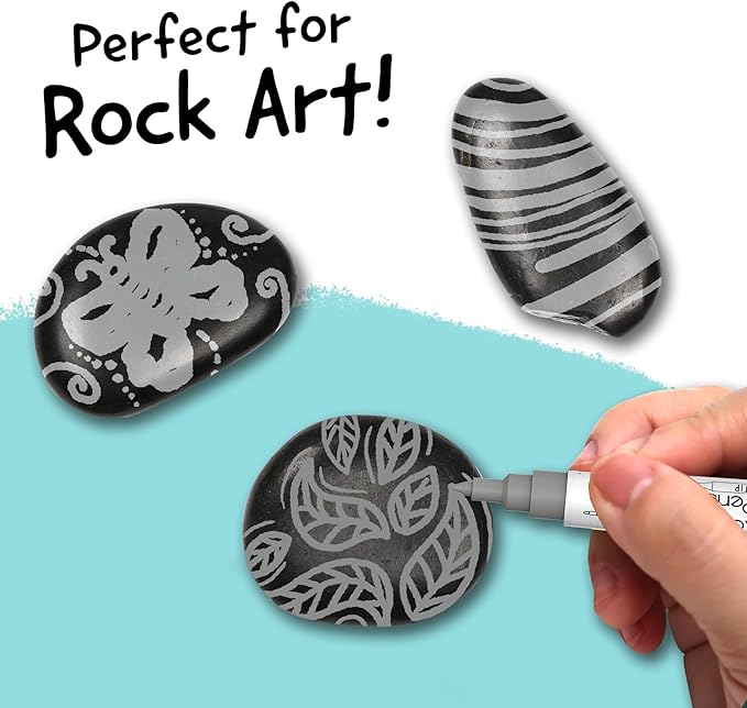 4 Dual Tip Gray Paint Pen Metallic - Fine Tip & Medium Acrylic Paint Markers - Gray Marker for Metal, Wood, Rock Painting, Canvas, Ceramic, Glass, Fabric, Leaf and Plastic - Water-based Ink