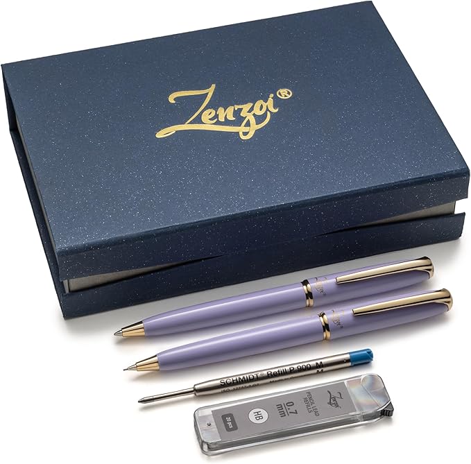 ZenZoi Elegant Pen and Pencil Metal, Retractable Luxury Ballpoint Pen & Mechanical Pencil 0.7 MM. Fancy, Quality Writing Set for Women, Men