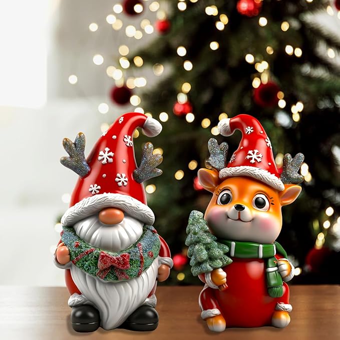 Christmas Gnome Figurines 2 PCS Resin Reindeer Decoration Indoor Collectible Statue Cute Holiday Ornament for Table Home