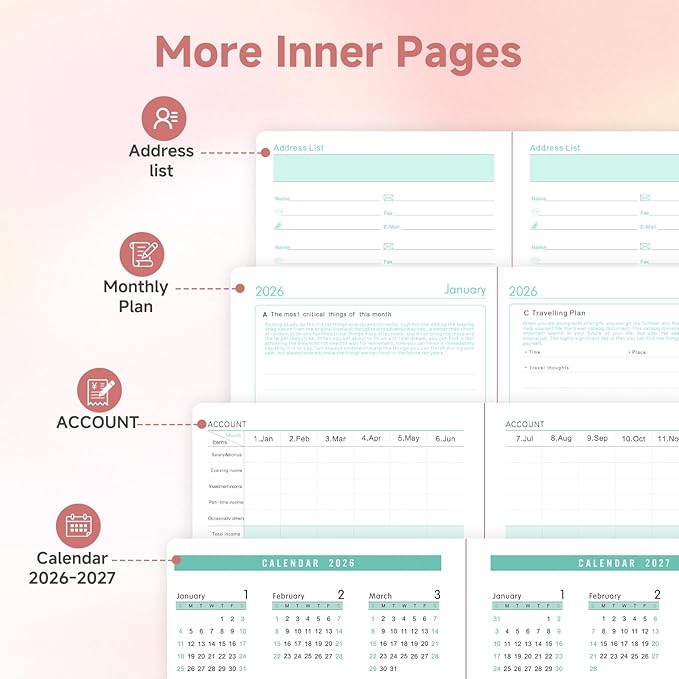 Picoway 2026 Planner A5 400 Pages Pink - Weekly and Monthly Daily Calendar with Thick Paper, One Full Page Per Day Planners from Jan. 2026 - Dec. 2026, Hardcover Notebook ，8.3" x 5.7"