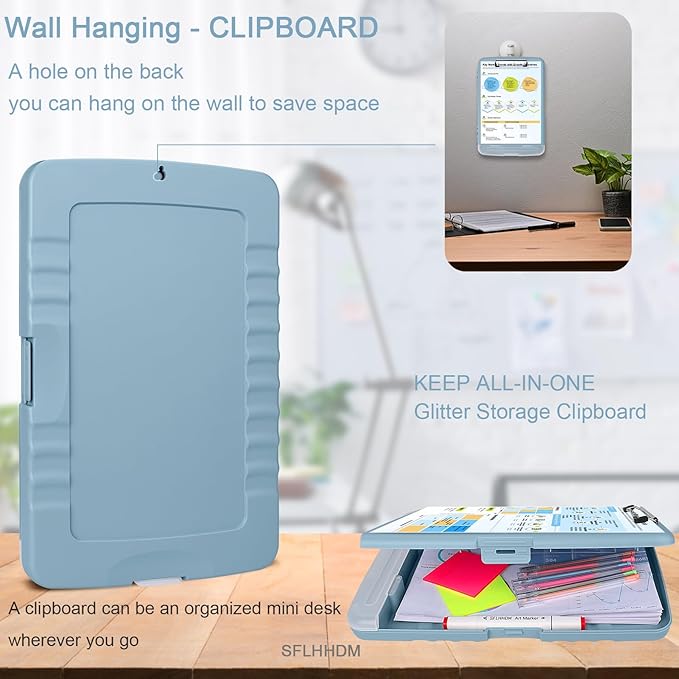 Clipboard with Storage,Storage Clipboard with Pen Holder, A4 Binder Clip Boards 8.5x11 with Low Profile Clip,Side Opening Nursing Clipboards, Clipboards Folder for Office Supplies-Light Blue