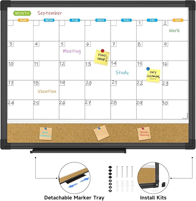 JILoffice Magnetic Calendar Whiteboard & Bulletin Corkboard Combination, Monthly Combo Board 17 x 13 Inch, Black Aluminum Frame Wall Mounted Board for Office Home and School