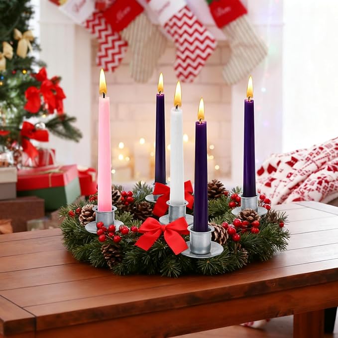Advent Wreath Candle Holder, Christmas Candle Rings for Tapered Candles, Advent Wreath 5 Candle Holder for Christmas Festival Home Party Church Decor, Silvery