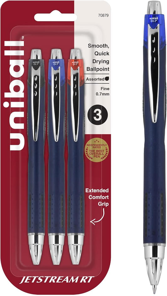 Uni-Ball Jetstream RT 3 Pack, 0.7mm - Black, Blue and Red Ballpoint Pens - Wirecutter Best Pen, School Pens, Ballpoint Ink Pens - Ballpoint Pen, Colored Pens, School Supplies, Smooth Writing Pens