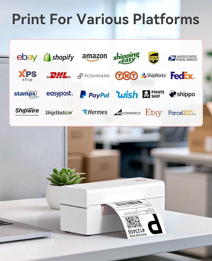 Bluetooth Thermal Label Printer, Wireless 4x6 Shipping Label Printer for Small Business, High-Speed Thermal Printer Compatible with Android, iOS & Windows for Amazon, Ebay, Shopify, USPS