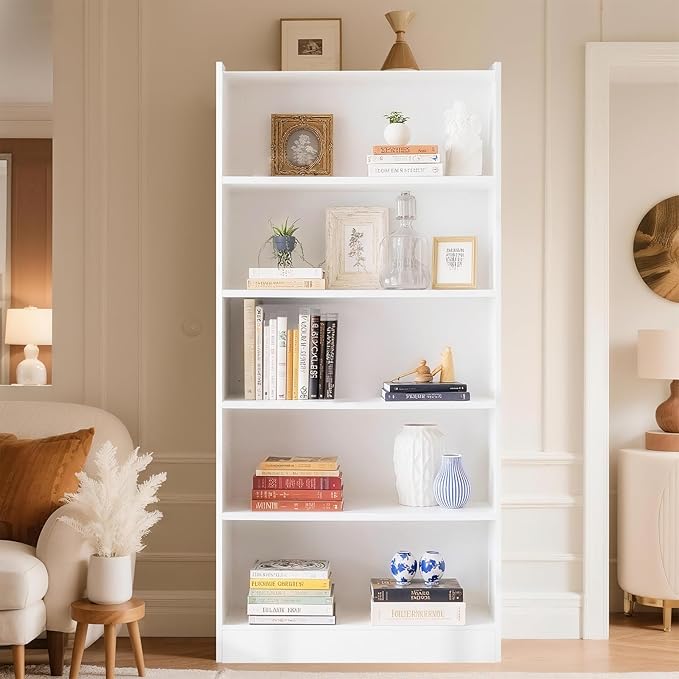 72" Rectangle Wooden Bookshelf with 5 Tier Bookshelf, Large Bookcase for Home Offices and Living Rooms with Storage Shelves, Display Shelves, White