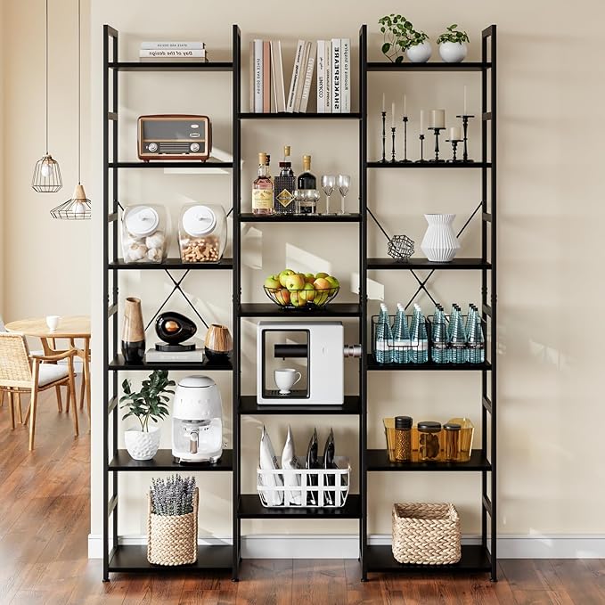 NUMENN Triple Column 6 Tier Bookshelf, Bookcase with 17 Open Display Shelves, Adjustable Rustic Industrial Style Book Shelves, Modern Bookshelves for Bedroom, Living Room and Home Office, Black