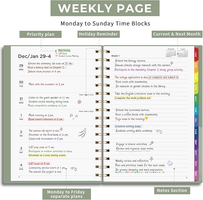 EMSHOI 2026 Planner - Weekly and Monthly Calendar (Jan-Dec), A5 (5.7"x8.3") Hardcover, 100GSM Thick Paper, PVC Cover, Inner Pocket, Colorful Tabs, Note Pages for Work School Home, Light Green
