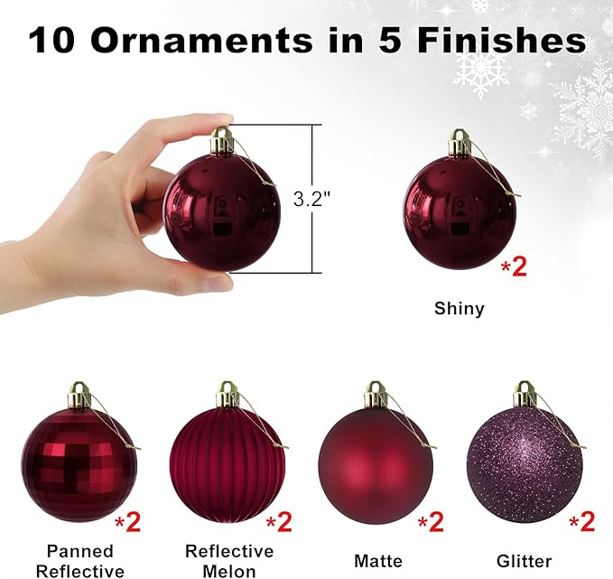 Maroon 3.2" Large Christmas Balls - Christmas Tree Decoration Ornaments Shatterproof Hanging Balls for Birthday Halloween Holiday Wedding Decorations Set of 10pcs