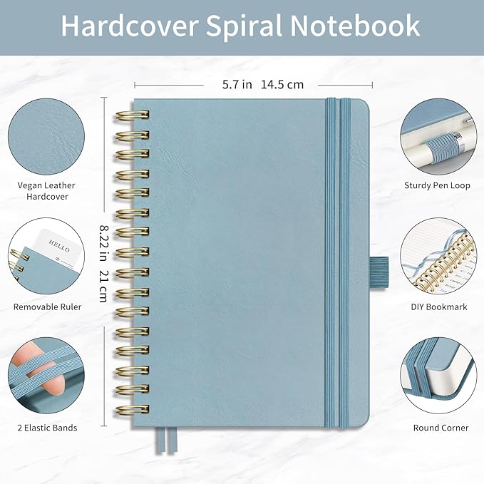 EMSHOI A5 College Ruled Spiral Notebook - 300 Numbered Pages, PU Hardcover Leather Journal with 100 GSM Thick Lined Paper for Work, Writing, Note-Taking, 5.7”x8.22” Portable Size, Gray Blue