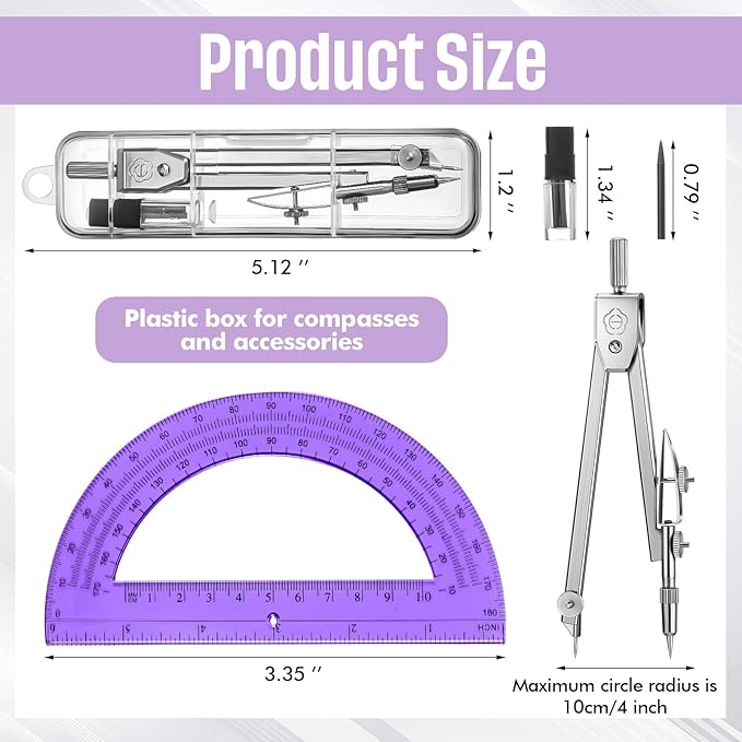 EBOOT Student Geometry Math Set, Drawing Compass and 6 Inch Swing Arm Protractor 180 Degree Math Protractor (Purple)
