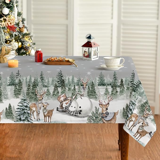 Horaldaily Christmas Tablecloth 60×104 Inch Rectangular, Deers Snowman Trees Grey Washable Table Cover for Party Picnic Dinner Decor