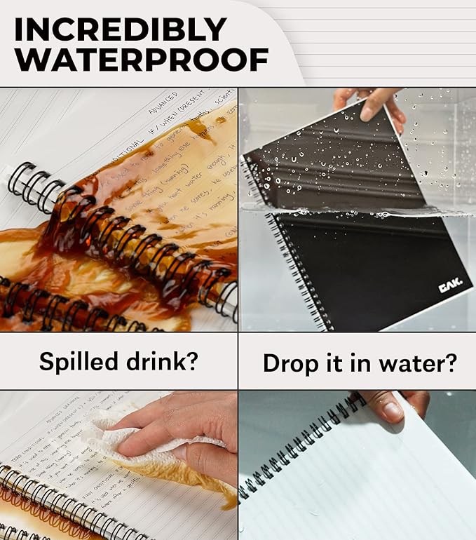 GAK. Stone Paper Waterproof Spiral Notebook, 7.20”x10.11”, 50 sheets, Durable Notebook, Eco-Friendly Mineral Stone Paper Notebook, Waterproof Notepad, Ruled, Black