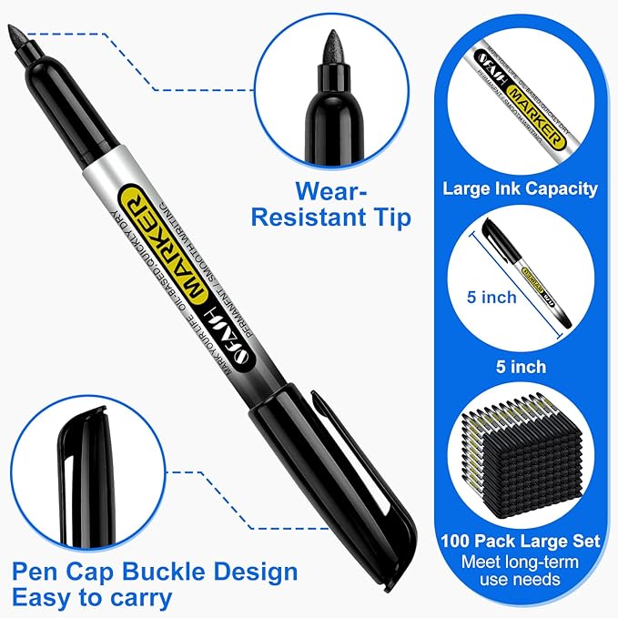 SFAIH 100 Black Permanent Markers Bulk -1s Quick Dry, Waterproof, Non-Fading, Durable, Fine Point Permanent Pens for Plastic Glass Metal Wood Paper, Office Supplies, Classroom Kitchen, Cargo Marking