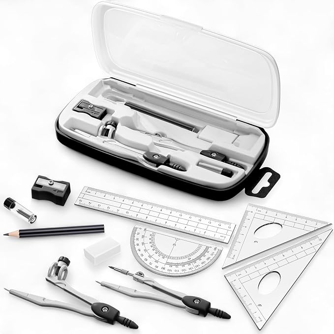 Zonon Math Geometry Set 10 Pcs Student Supplies with Shatterproof Storage Box, Includes Rulers Protractor Compass Pencil Sharpener Lead Refills Eraser Pencil for Drafting and Drawings (Black)