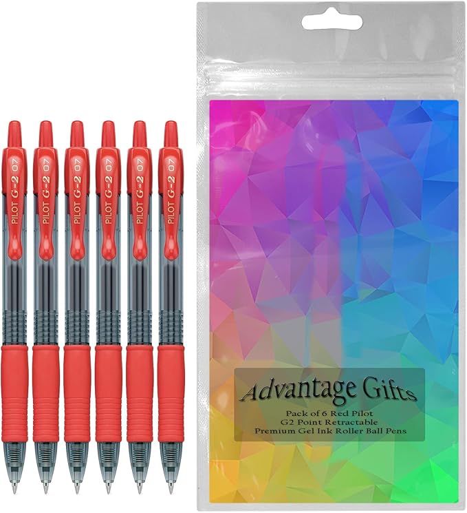 G2 Retractable Premium Gel Ink Roller Ball Pens Fine Point Fine Point (.7mm) Red Ink 6-pk; Refillable & Premium Comfort Grip Bundle with Plastic Reusable Pouch
