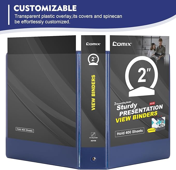 COMIX 3 Ring Binder 2 inch with Clear View Cover, 2" View Binder Holds 450 Sheets of US Letter Size Paper, 6 Pack (Dark Blue)