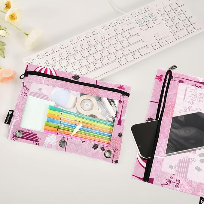 ZAZYXTJ Paris Eiffel Tower Binder Pencil Pouchs 3 Ring with Zipper Clear Window Office Organizers bag for School Students Teacher Supplies 2 Pack