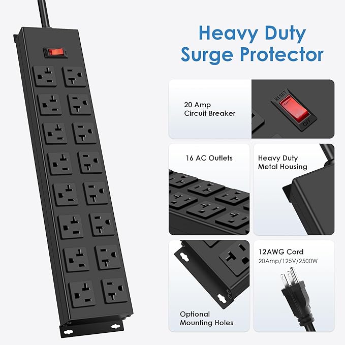 JUNNUJ Heavy Duty 20 Amp Power Strip, Garage 16 Outlets Metal 12 Gauge Surge Protector 3000J, High Amp 5-15P Adapter Shop 6-20R T-Slot Industrial Outlets (16AC, 15FT)