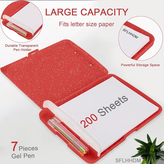 Glitter Clipboard with Storage,Storage Clipboard with Pen Holder,A4 Binder Clip Boards 8.5x11 with Low Profile Clip,Side Opening Sparkle Clipboards, Clipboards Folder for Office Supplies-Red