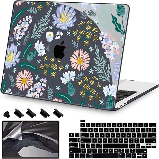 Teryeefi for MacBook Pro 13 inch Case 2024,2022-2016 Release Model M2 M1 A2338 A2289 A2251 A2159 A1989 A1706 with Touch Bar, Design Hard Shell Cover with Keyboard Cover, Elegant Flowers Leaves