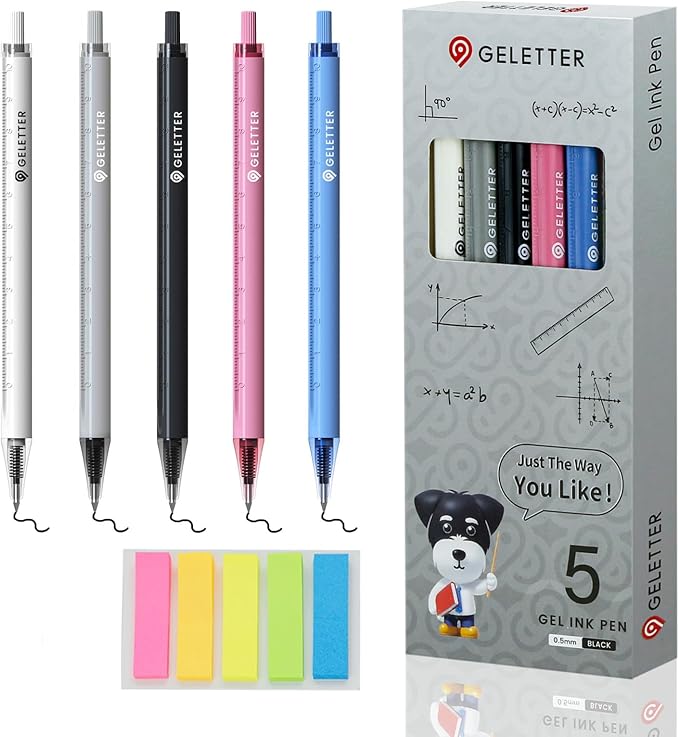 Gel Pens with Ruler Scales Barrel, 5 Pcs 0.5mm Retractable Fine Point Pens for Precise Writing and Drawing, Quick-Dry Ink, Ideal for Office and School Supplies, Free Sticky Notes