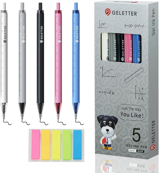 Gel Pens with Ruler Scales Barrel, 5 Pcs 0.5mm Retractable Fine Point Pens for Precise Writing and Drawing, Quick-Dry Ink, Ideal for Office and School Supplies, Free Sticky Notes