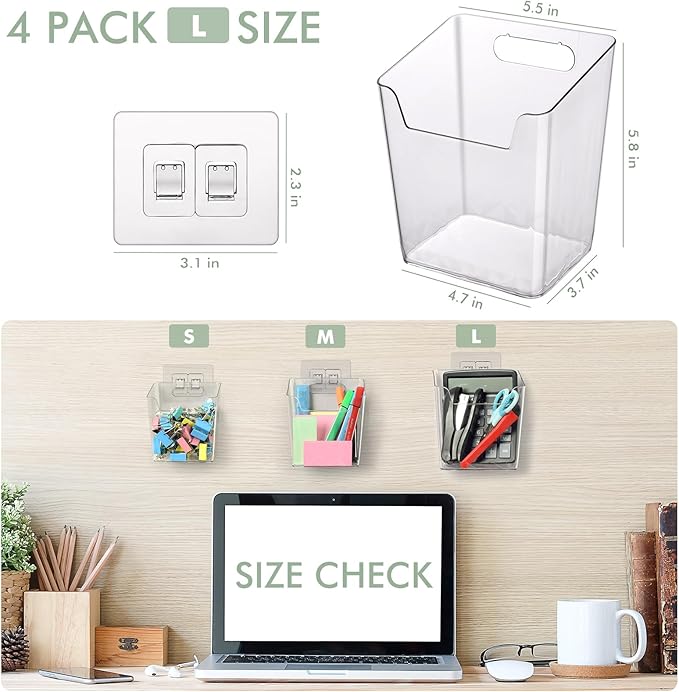 Clear Adhesive Wall Storage Bins, Large 4 Pack Cabinet Door Organizer Holders, Hanging Wall Mount Pockets, Plastic Cups for Shower Bathroom Makeup Office Craft Remote Kitchen Sink RV Organization