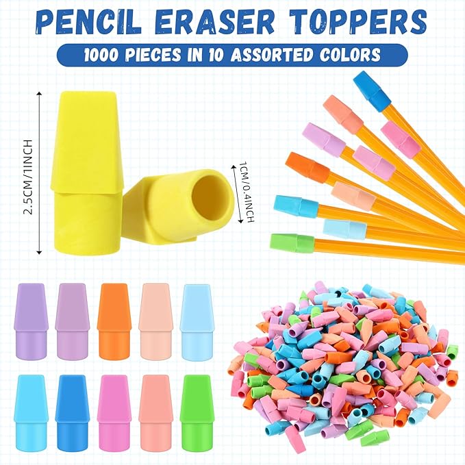 Crtiin 1000 Pcs Pencil Top Erasers Bulk Caps for Pencils Chisel Shape Erasers Toppers Classroom Party Favors Games Prizes Funny Pencil Eraser Cap for Kids Studying Supplies Home Office (Pastel)