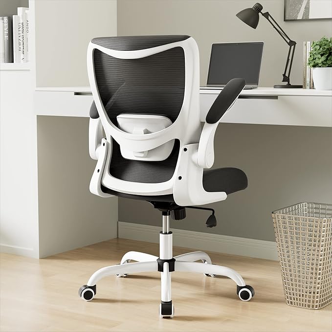 Office Chair, Ergonomic Desk Chair with Adjustable Lumbar Support and Flip up Armrest, Breathable Mesh Computer Chair for Home Office, White