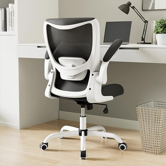 Office Chair, Ergonomic Desk Chair with Adjustable Lumbar Support and Flip up Armrest, Breathable Mesh Computer Chair for Home Office, White