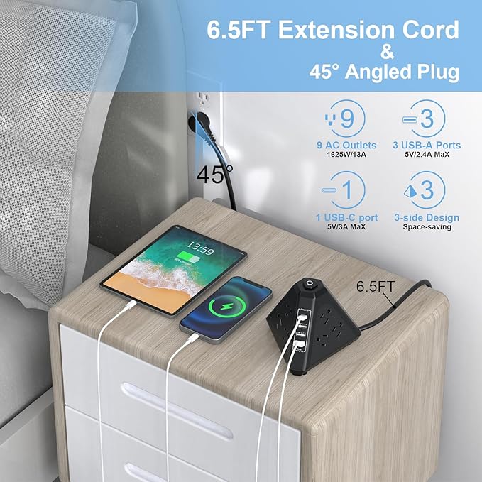 Tower Surge Protector Power Strip, NVEESHOX 9 AC Outlets with 4 USB Ports (1 USB C) 3-Side Triangle Outlets with USB Ports,6.5 Ft,Flat Plug, Charging Station with Surge Protection (Black+6.5 FT)