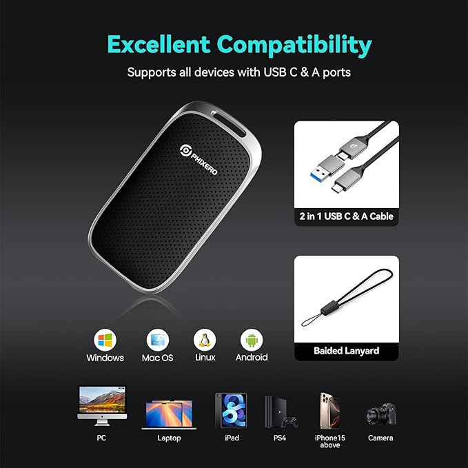 PHIXERO P5 2TB External Portable SSD - 5Gbps USB C External Hard Drive with 2-in-1 Cable for PC, Mac, PS5, Xbox | 5ft Drop Resistance, Free Lanyard, 5-Year Warranty