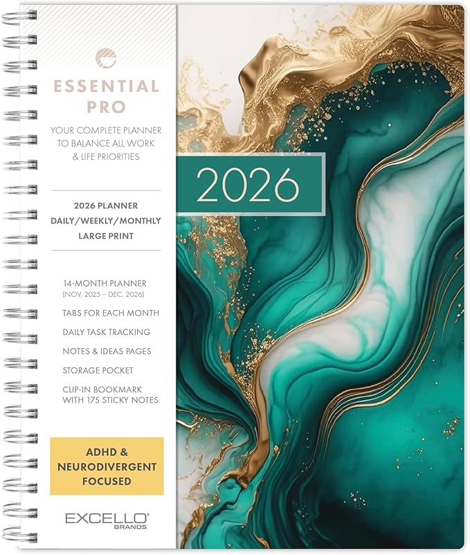 Essential PRO 2026 Daily, Weekly & Monthly Planner, 8.5"x11": 14 Months (Nov 2025 - Dec 2026) Monthly Tabs,Daily Tracking,Notes Pages,Storage Pocket,Bookmark w Sticky Notes (Teal Gold Marble)