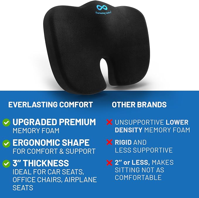 Everlasting Comfort Doctor Recommended Memory Foam Seat Cushion for Office Chairs & Car Seat - Ergonomic Office Desk Accessories for Tailbone Pain Relief, Sciatica & Back Support