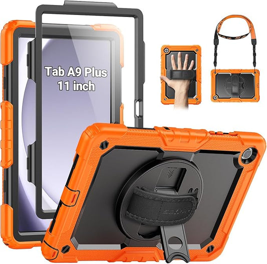 SEYMAC Case for Samsung Galaxy Tab A9+/ A9 Plus 11" (SM-X210/X216/X218), Heavy Duty Shockproof Protective Case with Screen Protector, Rotating Stand, Hand/Shoulder Strap, Orange