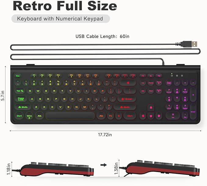 USB Wired Keyboard with Backlit 7-Colors, Full Size Keyboard with Retro Keycaps, Numeric Keypad and Media Hotkey for Computer Desktop PC Laptop and Windows 7 8 10 11
