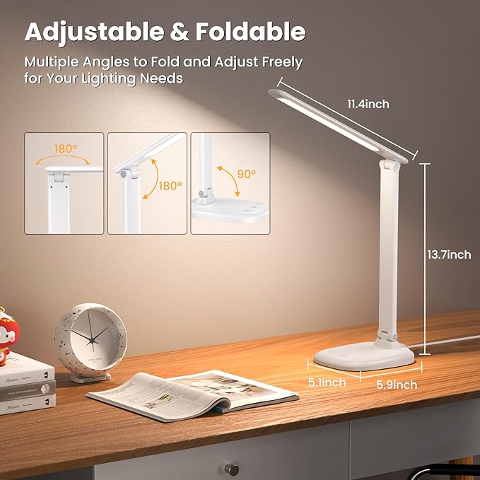 LED Desk Lamp with USB Charging Port, Stepless Dimmable Study Lamp with 5 Color Modes, Touch Control, Timer, Foldable Desk Lights for Home, Office, Bedroom