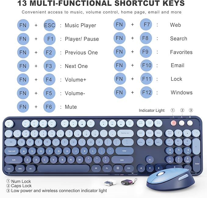 Wireless Keyboard and Mouse Combo, Ergonomic Full Size Typewriter Retro Round Keycaps Keyboard, Compatible with Windows, PC, Perfer for Home and Office Keyboards (Twilight Blue