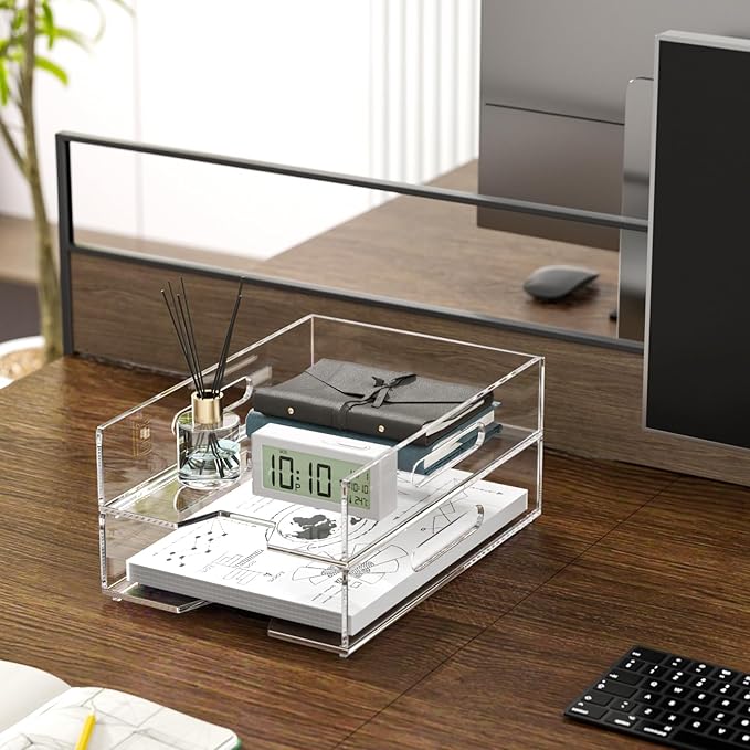 HIIMIEI Paper Organizer for Desk, Acrylic Paper Tray, Clear Letter Tray Desk Stackable Organizer Tray for School, Home, Office 2 Tiers
