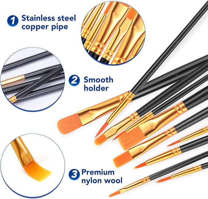 ESRICH Acrylic Paint Brushes Set,8Packs /80 Pcs Black Nylon Paintbrushes, Suitable for Acrylic Oil Watercolor Rock Body Face Nail Art,Perfect Suit of Art Painting, Best Gift for Kids Adult Drawing