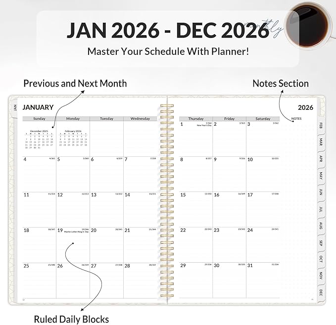 SUNEE Planner 2026 Weekly and Monthly, January 2026-December 2026, 8.5"x11", Tabs, Note Pages,Spiral Binding, Blue