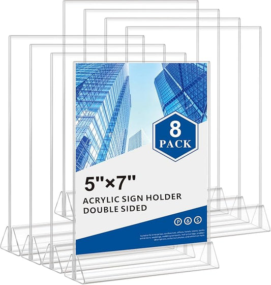 Acrylic Sign Holder 5x7 - 8 Pack Clear Paper Holder - Vertical Double-Sided Table Display Stand - Acrylic Desktop Picture Frame,Vendor Booth Display Items - Suitable for Restaurants Office Store