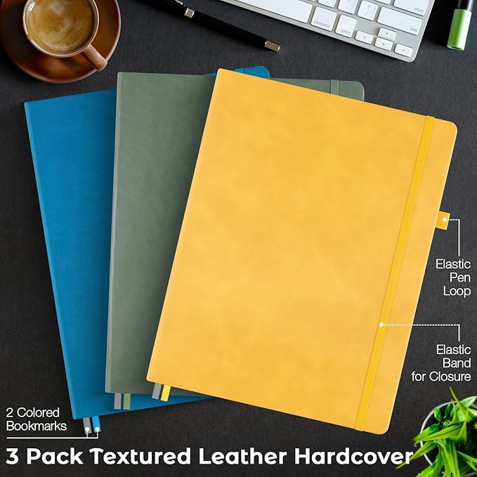 3 Pack College Ruled Notebook, A4 Hardcover Leather Notebook for Work, Lined Notebook Journal for Women, Men, 192 Thick Paper, 8.5" x 11", Large Notebook, Professional Business Notebook, Multicolor