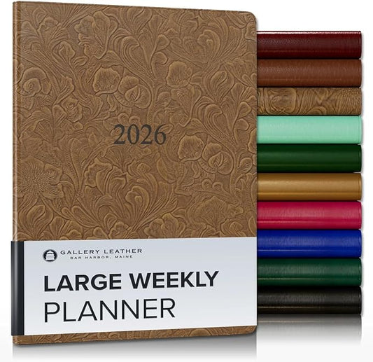 Gallery Leather Large Weekly Monthly Planner 2025-2026, Elegantly Bound Calendar Planner and Notebook with Stylish Gold-Gilded Page Edges, 12 Months - Floral Espresso - 9.75 x 7.5 "